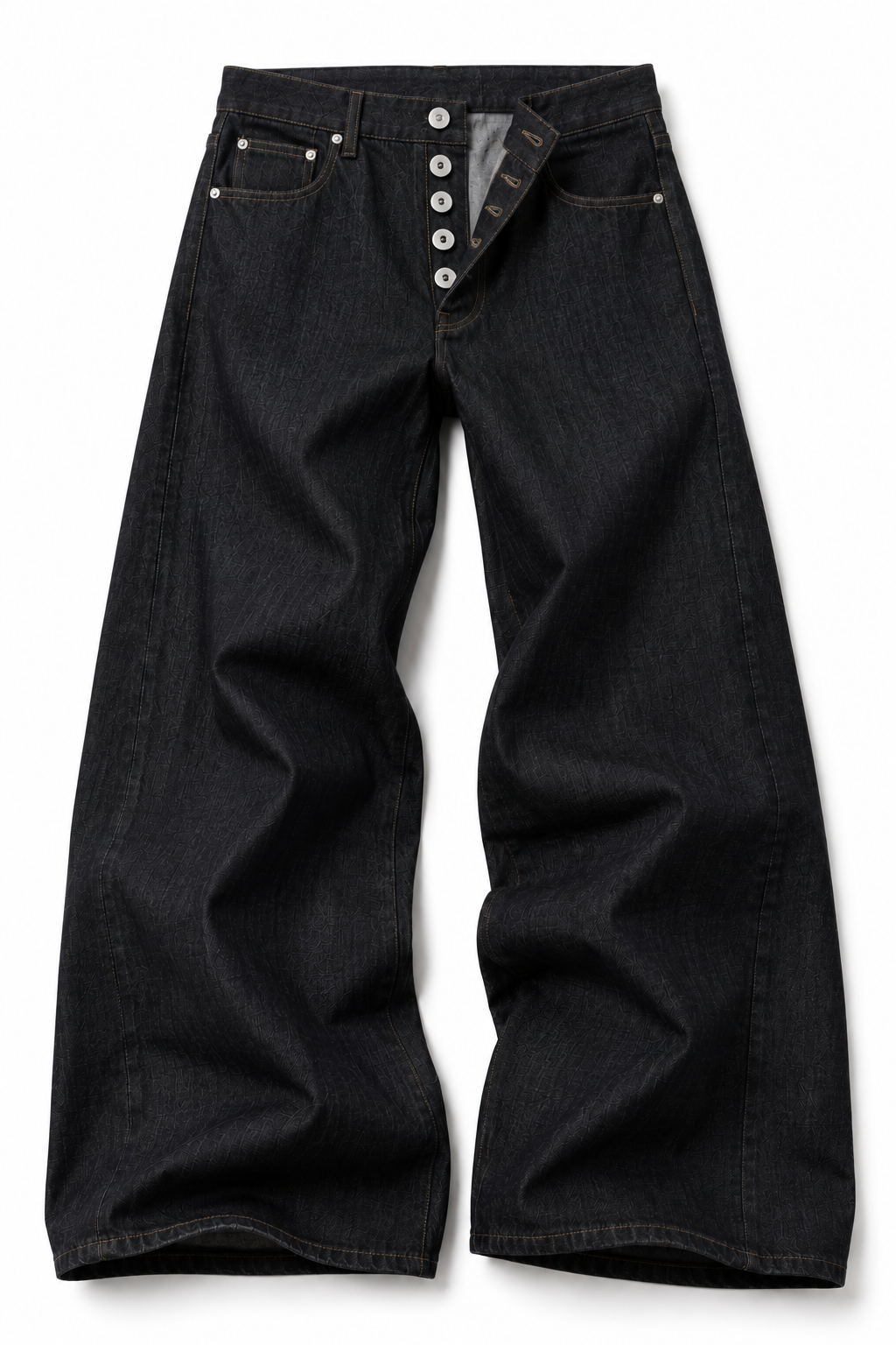 Cinder Indigo Wide — flat lay showing the exposed five-button fly and the full width of the leg