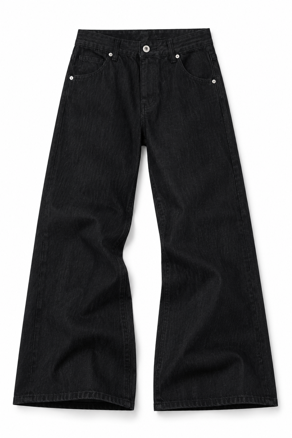 Ashlar Slim Bootcut — flat lay of black denim opening out below the knee