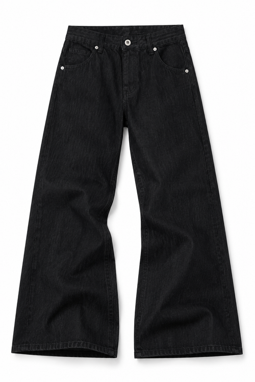 Ashlar Slim Bootcut — flat lay of black denim opening out below the knee