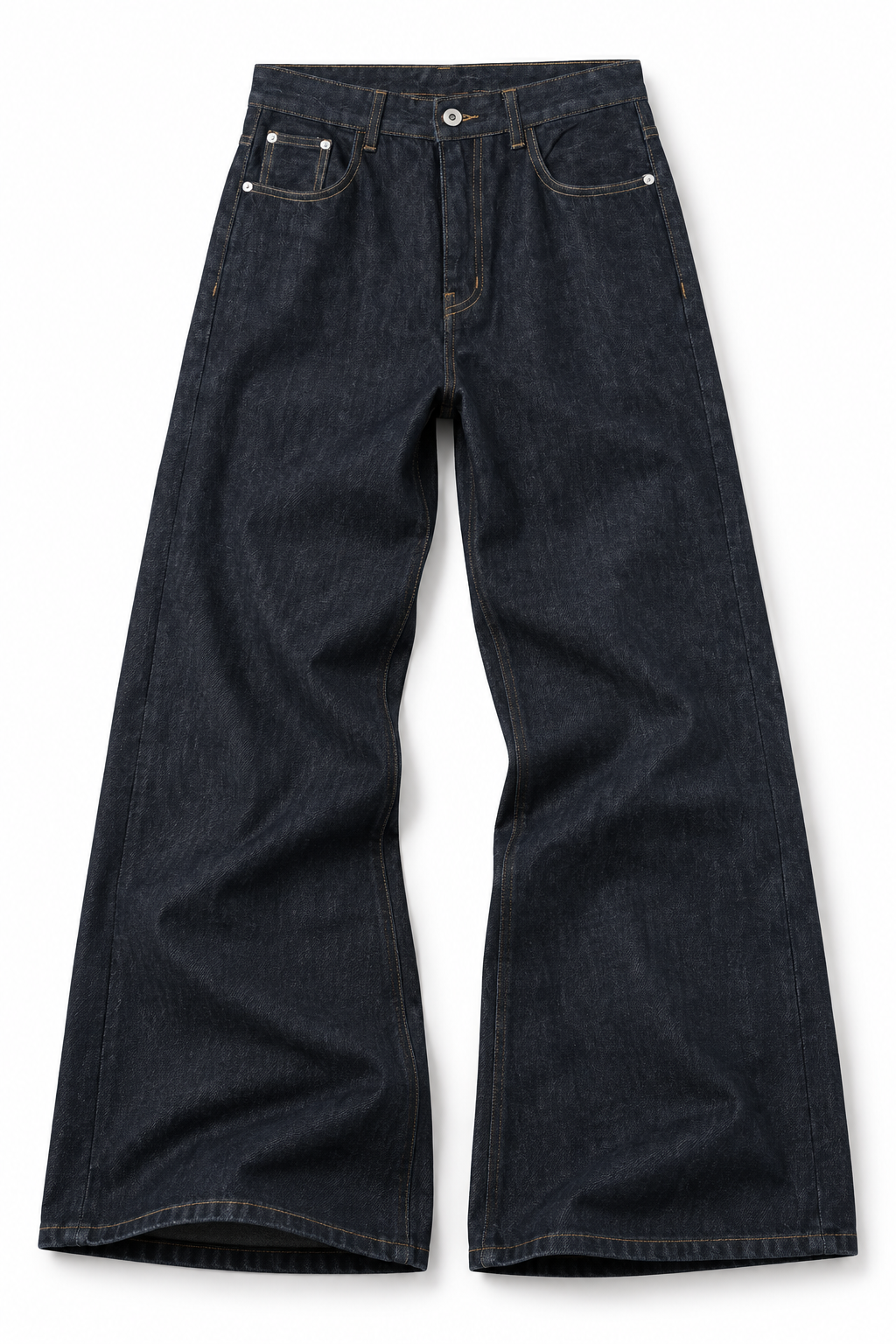 Scarp Loose Bootcut — flat lay showing the flare below the knee in dark indigo denim