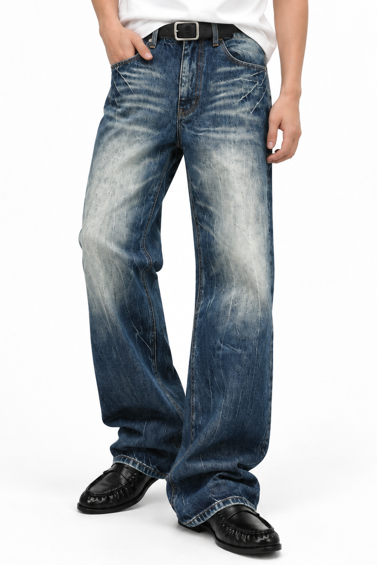 Tarn Loose Straight — worn on model with a belt, faded blue loose straight jeans over black loafers
