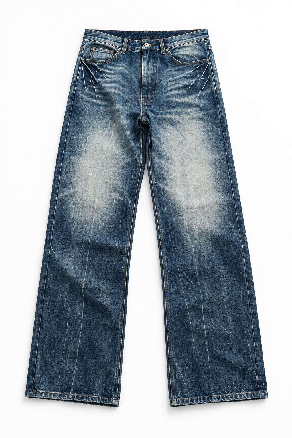 Tarn Loose Straight — flat lay of heavily faded blue denim with whiskering at the hip
