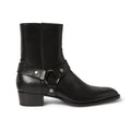 Flint Zip Boot — side view of a black leather harness boot with a side zip and stacked heel