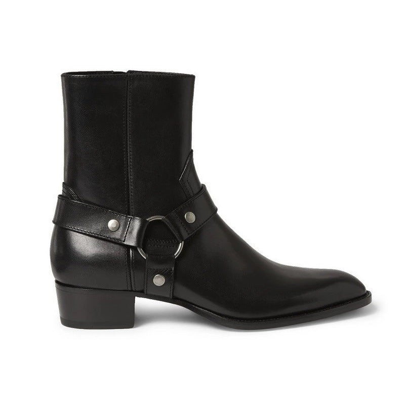 Flint Zip Boot — side view of a black leather harness boot with a side zip and stacked heel