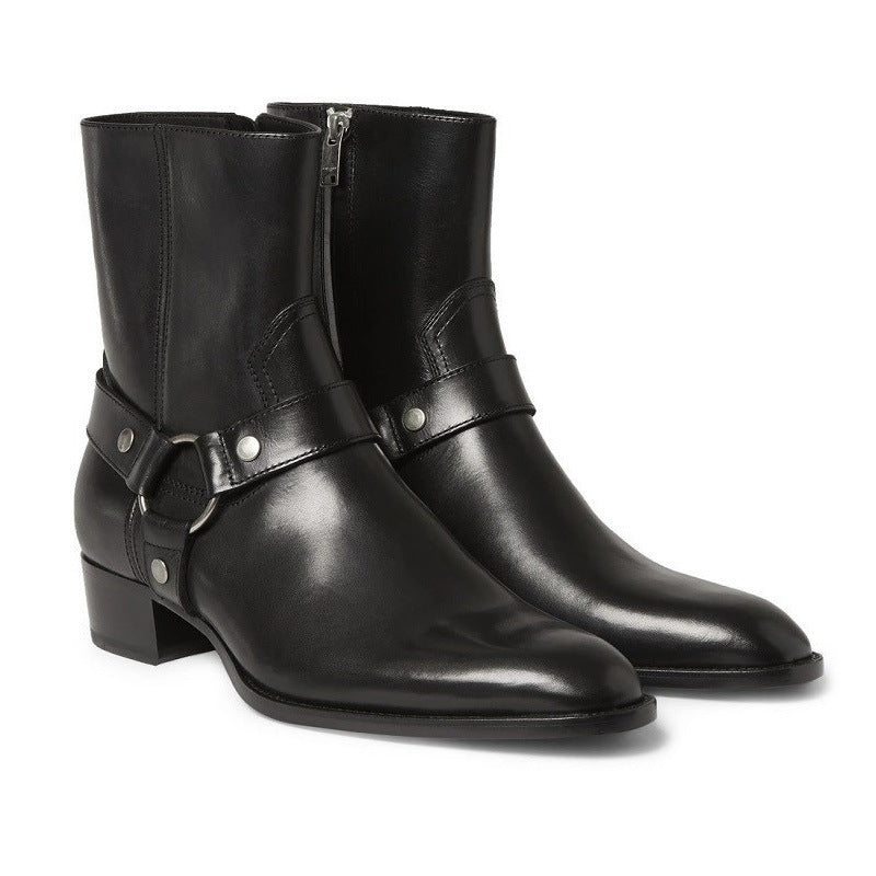 Flint Zip Boot — angled view of the pair with the harness strap and ring detail