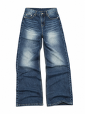 Halden Wide Straight — flat lay of mid-blue wide-leg jeans with heavy whiskering at the hip and knee