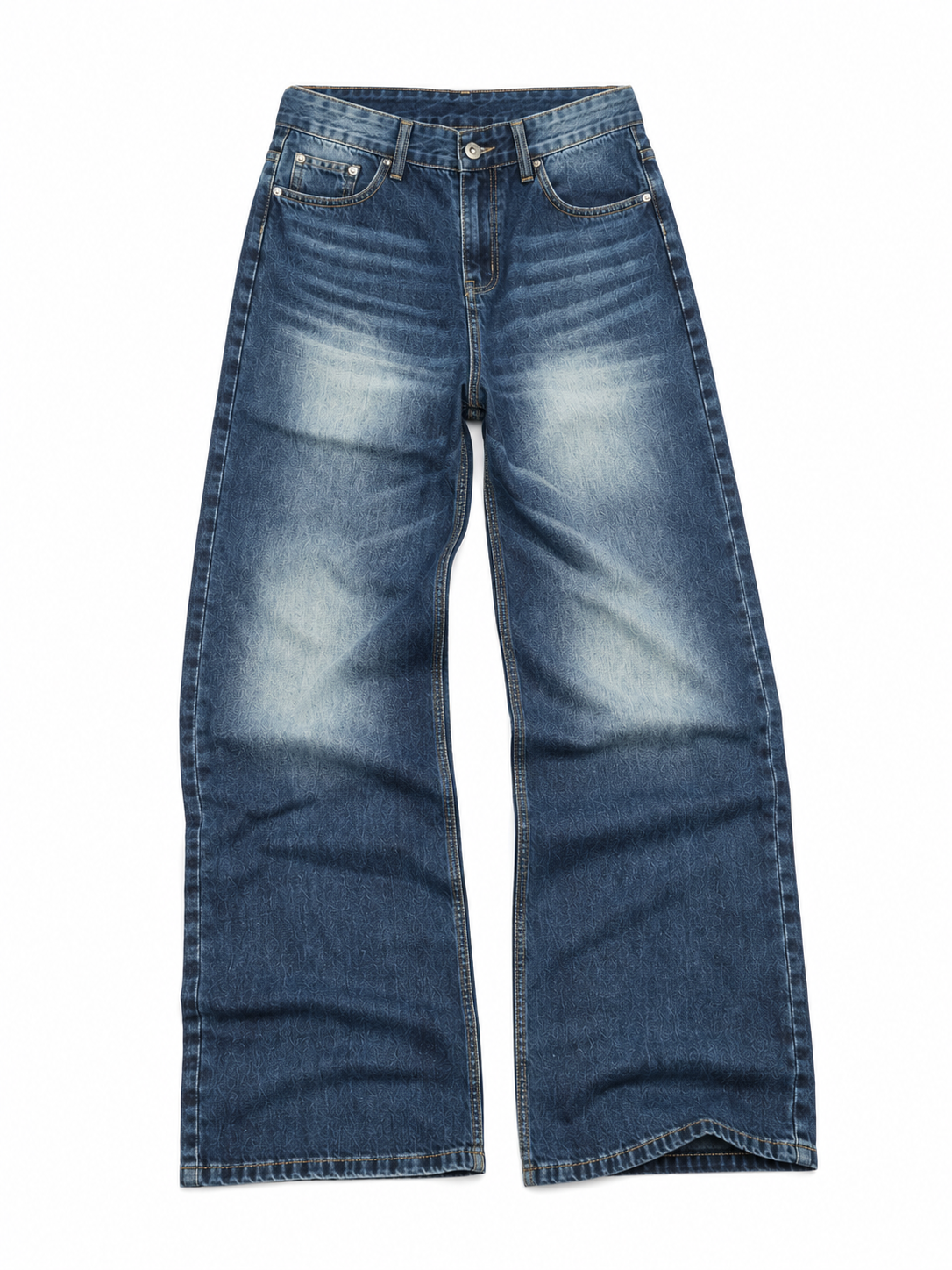 Halden Wide Straight — flat lay of mid-blue wide-leg jeans with heavy whiskering at the hip and knee